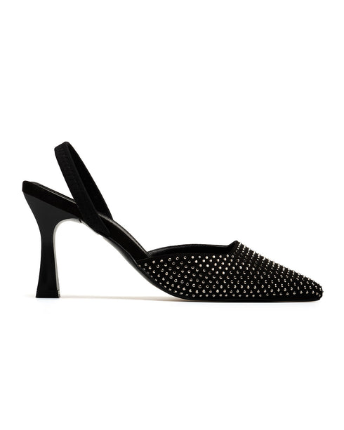 Tacón Slingback Negro Terminado Con Piedras 98009
